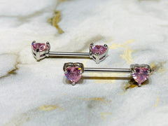 Pair of 14G Prong Set Silver Pink Heart Shape Nipple Barbells. Nipple Piercings. Nipple Rings. Nipple Jewelry