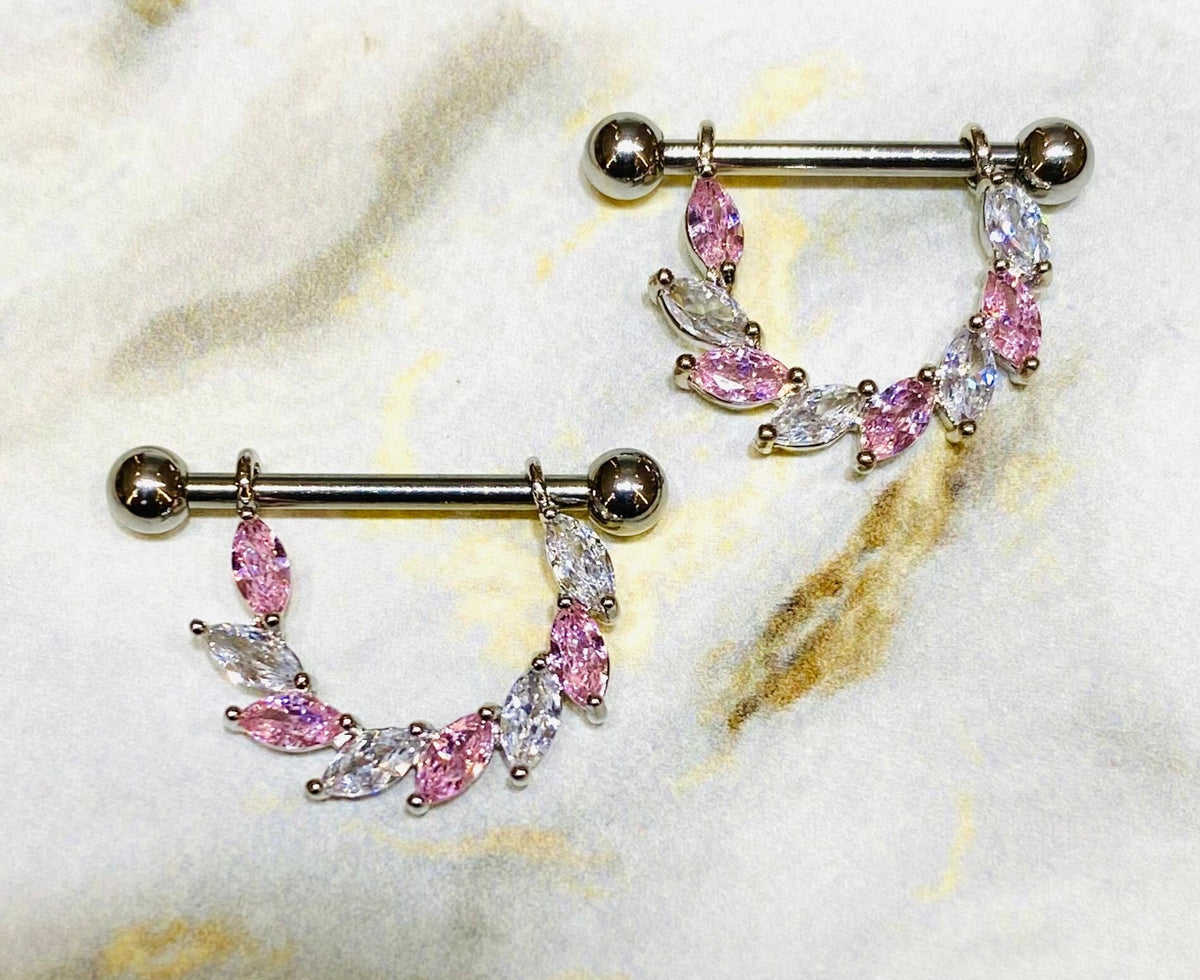 14G Silver Pink & Clear Sparkling Marquise Stones Vine Nipple Barbell. Nipple Piercings. Nipple Jewelry. Nipple Rings