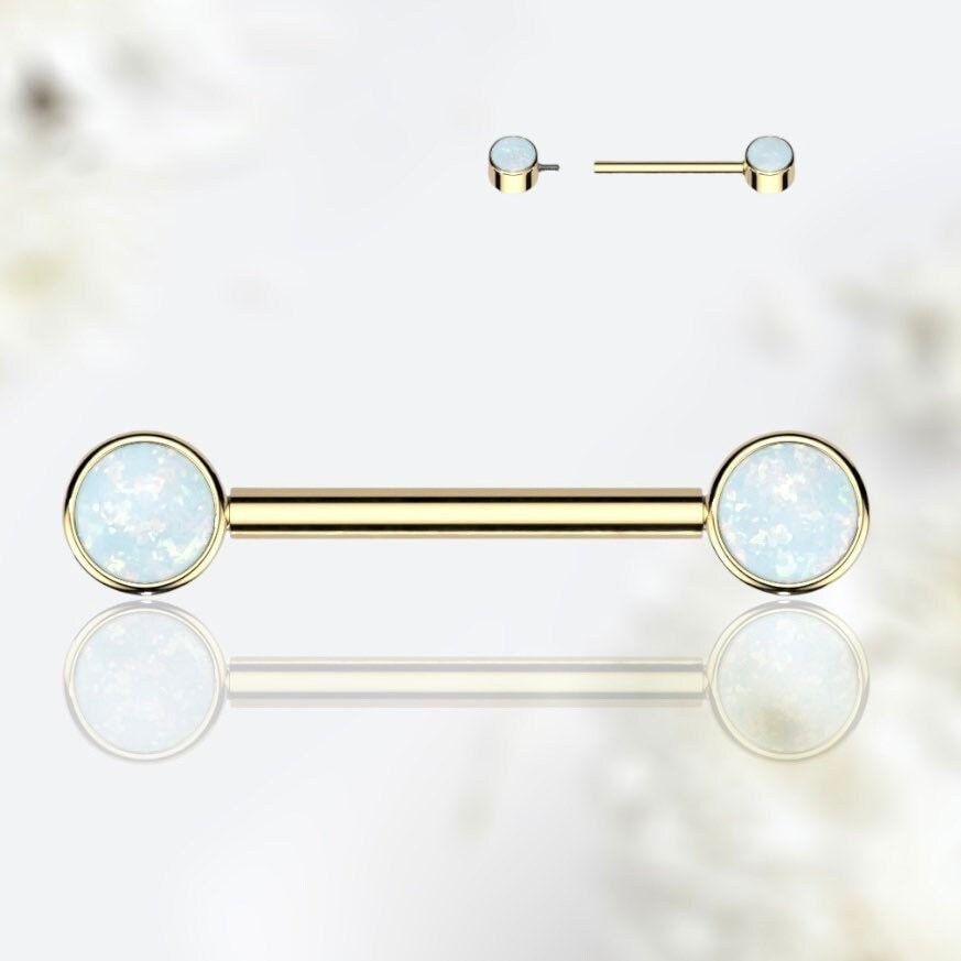 Pair of 14G Implant Grade Titanium Internally Threaded Gold Bezel Set White Opal Stone Nipple Barbell.