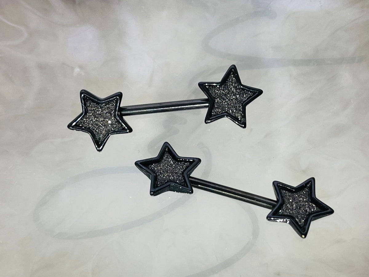 Pair of 14G Black Glitter Star Ends Nipple Barbell