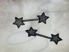 Pair of 14G Black Glitter Star Ends Nipple Barbell