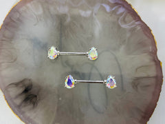 Pair of 14G Silver Teardrop Iridescent Gems Nipple Barbells. Nipple Rings. Nipple Piercing. Nipple Jewelry. Body Jewelry