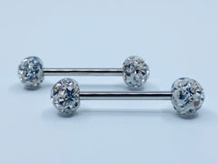 14G Internally Threaded Surgical Steel Epoxy Covered Crystals Nipple Barbells. Nipple Piercings. Nipple Rings. Nipple Jewelry.