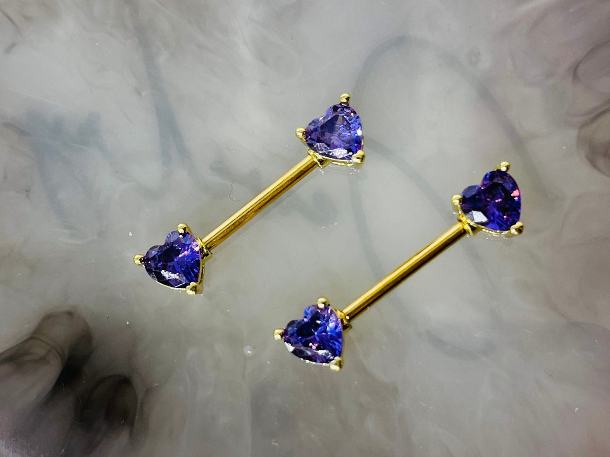 Pair of 14G Gold Sparkling Purple Heart Gems Nipple Barbells.Nipple Piercing. Nipple Rings. Nipple Jewelry. Body Jewelry.Heart Nipple Ring