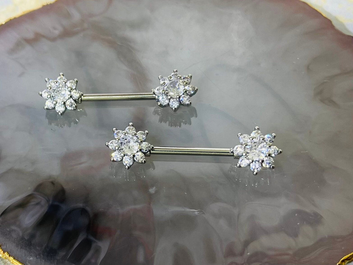 Pair of 14G Silver Sparkling Flower Gems Nipple Barbells. Nipple Piercing. Nipple Rings. Nipple Jewelry. Nipple Barbells. Body Jewelry.