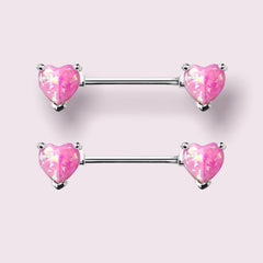 Pair of 14G Pink Opal Hearts Nipple Barbell. Nipple Rings. Nipple Piercing. Nipple Jewelry.