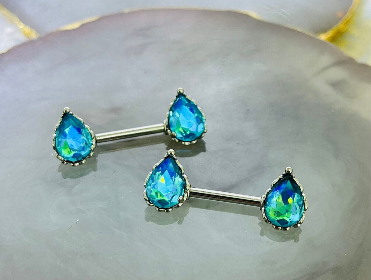 Pair of 14G Sparkling Clear Aqua Effect Teardrop Stones Nipple Barbells. Nipple Piercing. Nipple Rings. Nipple Jewelry