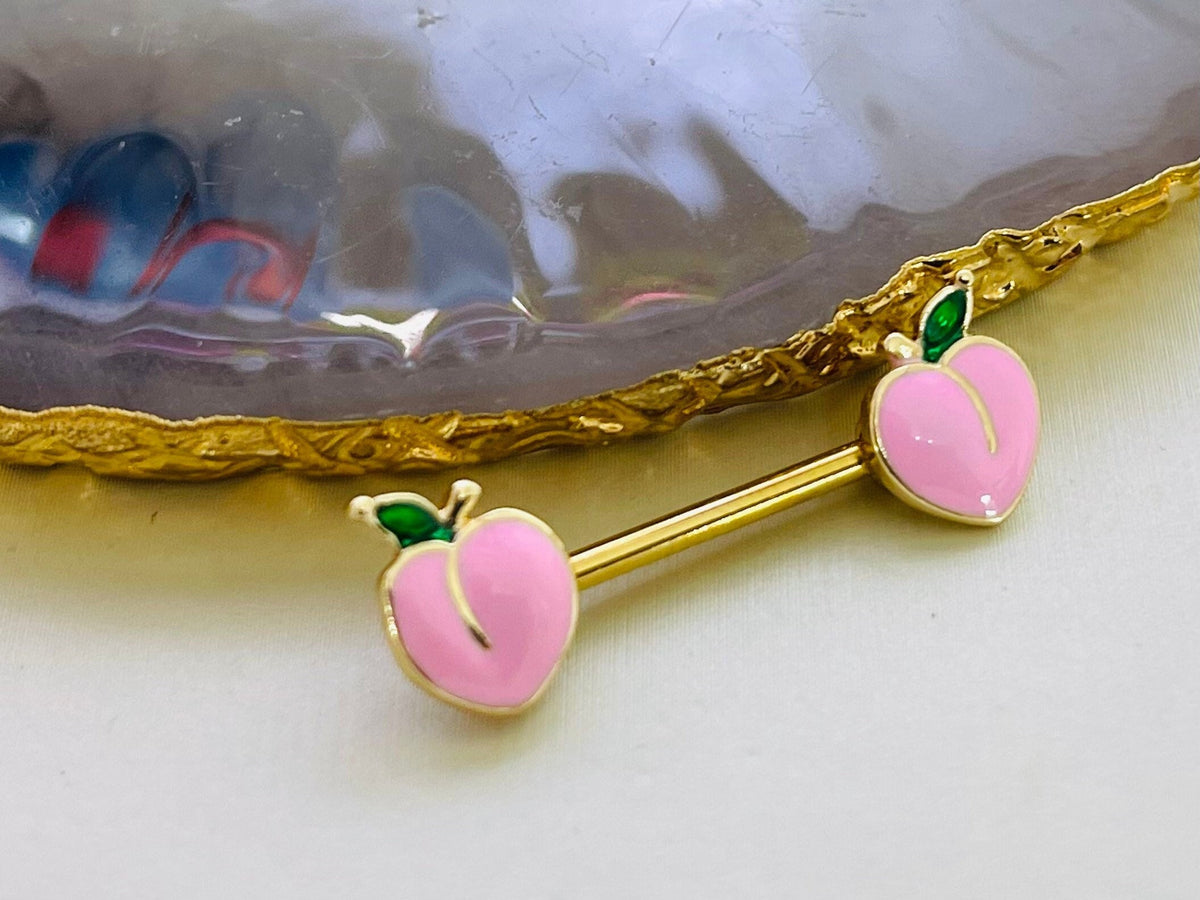 Pair of 14G Gold Pink Enamel Peach Ends Nipple Barbell