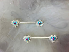 A set of Silver Filigree Heart Nipple Barbell