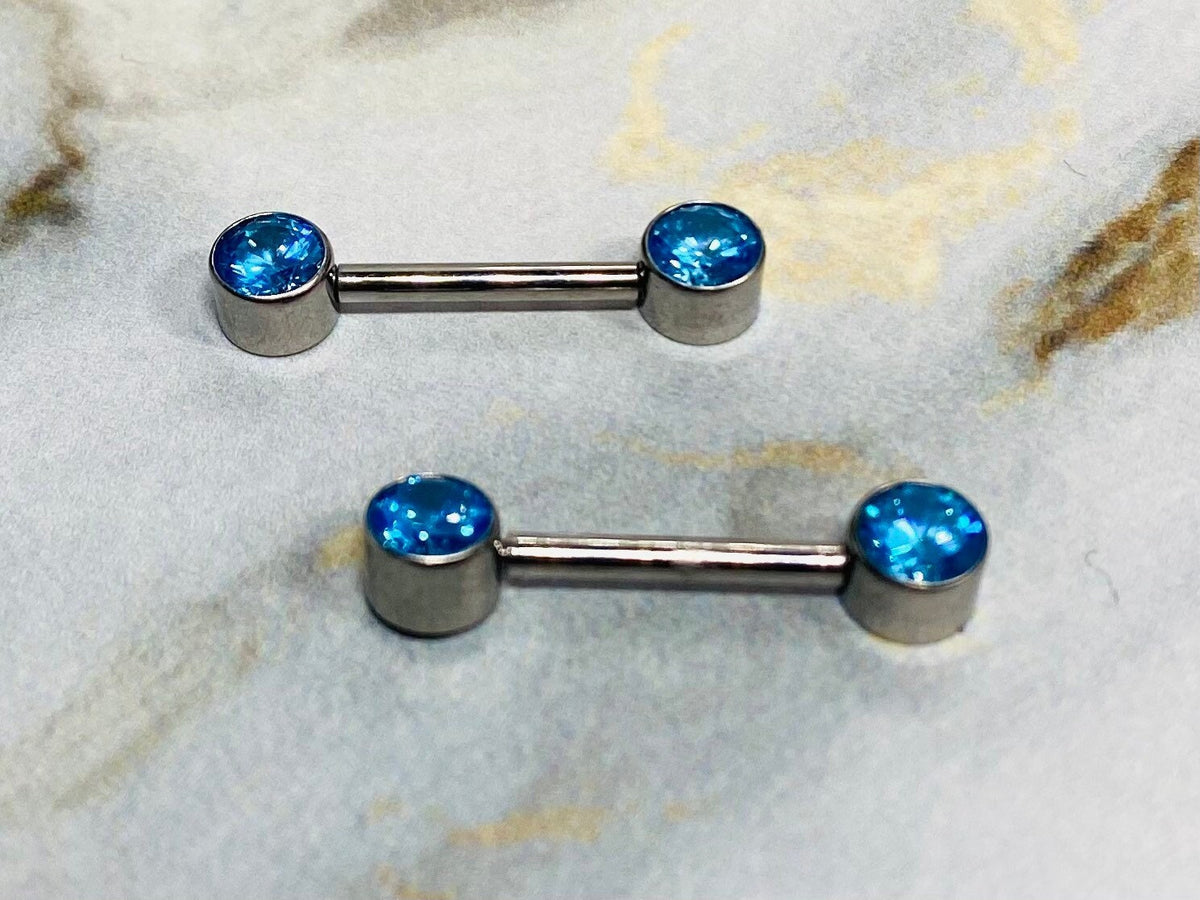 Pair of 14G Implant Grade Titanium Internally Threaded Bezel Set Aqua Stone Nipple Barbells. Nipple Piercing. Nipple Jewelry. Nipple Rings