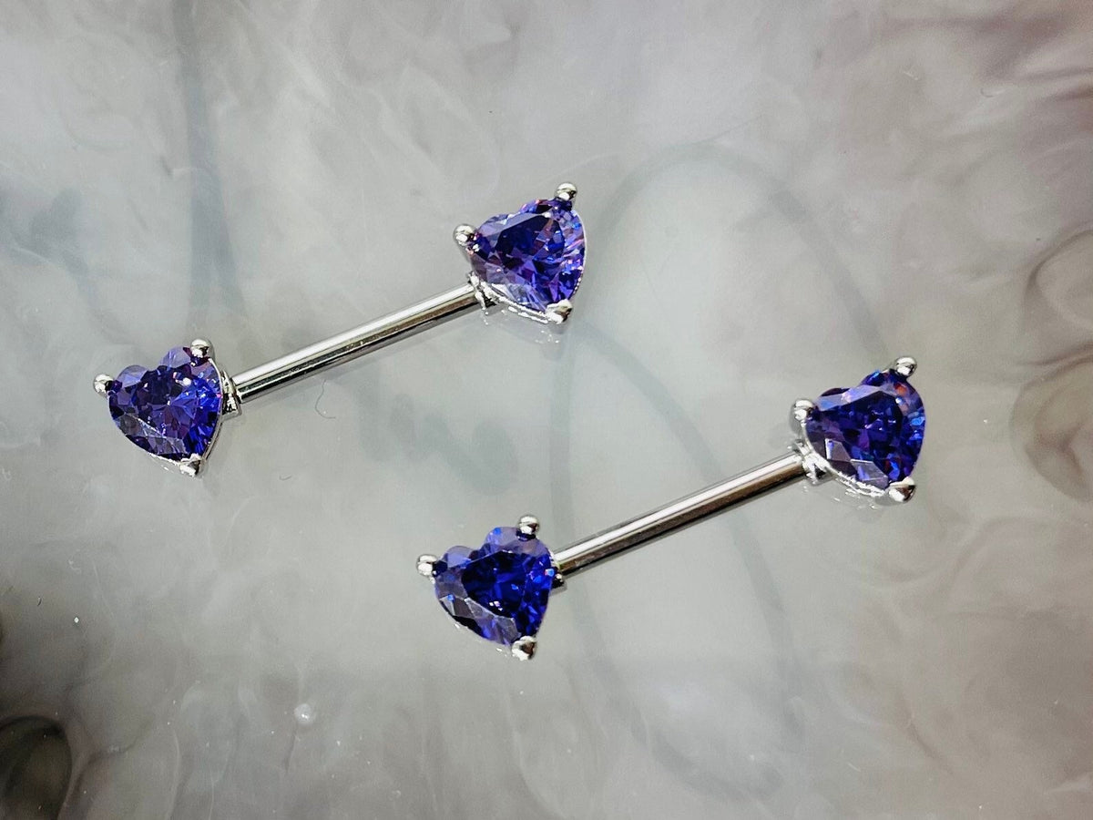 Pair of 14G Silver Sparkling Purple Heart Gems Nipple Barbells.Nipple Piercing. Nipple Rings. Nipple Jewelry. Body Jewelry.Heart Nipple Ring