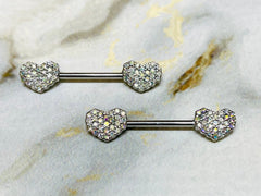 Pair of 14G Silver Sparkling Multicolor Stones Heart Shape Nipple Barbells. Nipple Rings. Nipple Piercing. Nipple Jewelry