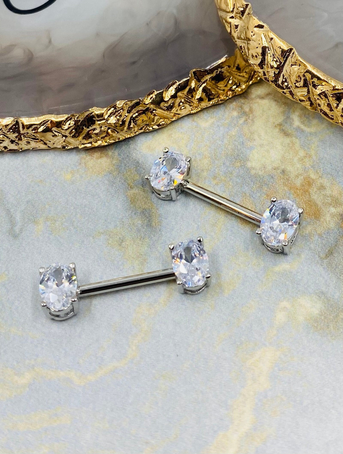 Pair of 14G Clear Stone Oval Prong Nipple Barbell Set. Nipple Piercing. Nipple Barbells. Surgical Steel.