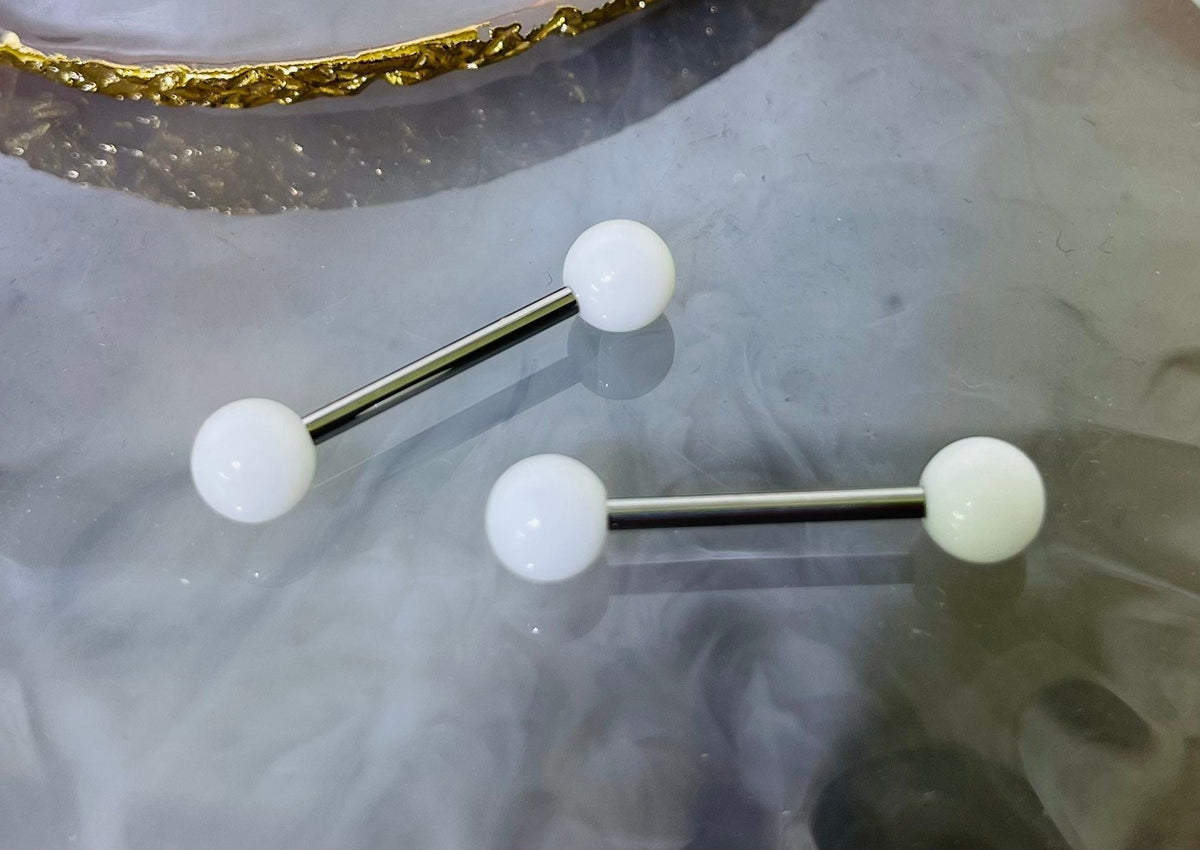 Pair of 14G Basic Solid White Nipple Barbell. Nipple Rings. Nipple Piercing. Nipple Jewelry