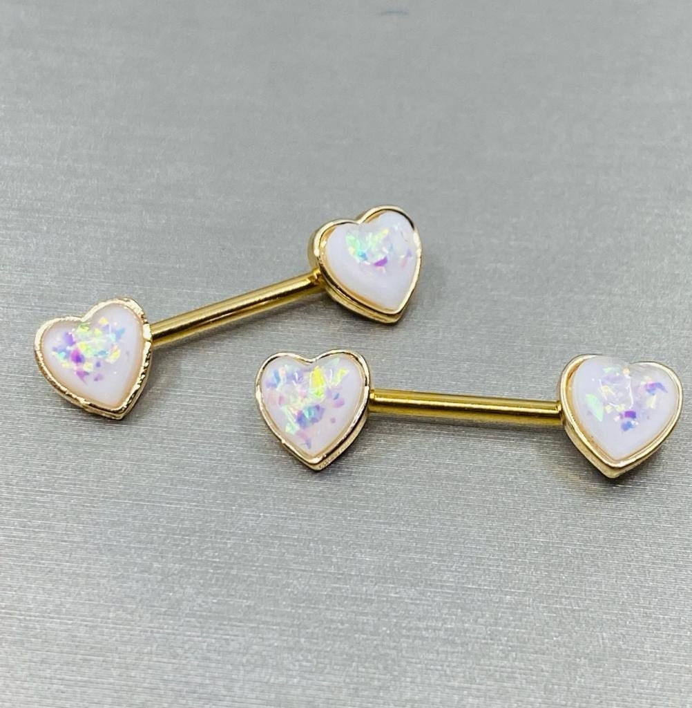 Pair of 14G Gold Opal Heart Ends Nipple Barbell. Nipple Rings. Nipple Piercing. Nipple Jewelry. Body Jewelry. Nipple Barbells.