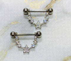 Pair of 14G Silver Sparkling CZs Linked Stars Nipple Barbells. Nipple Piercing. Nipple Jewelry. Nipple Rings.