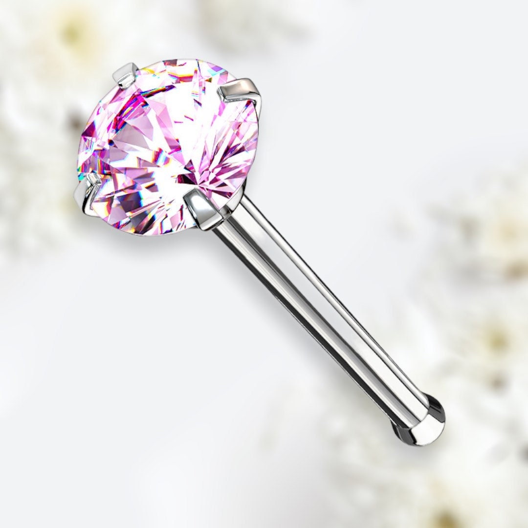 20G Prong Setting Pink Round Gem Top Nose Stud with Ball. Nose Stud. Nose Piercing.