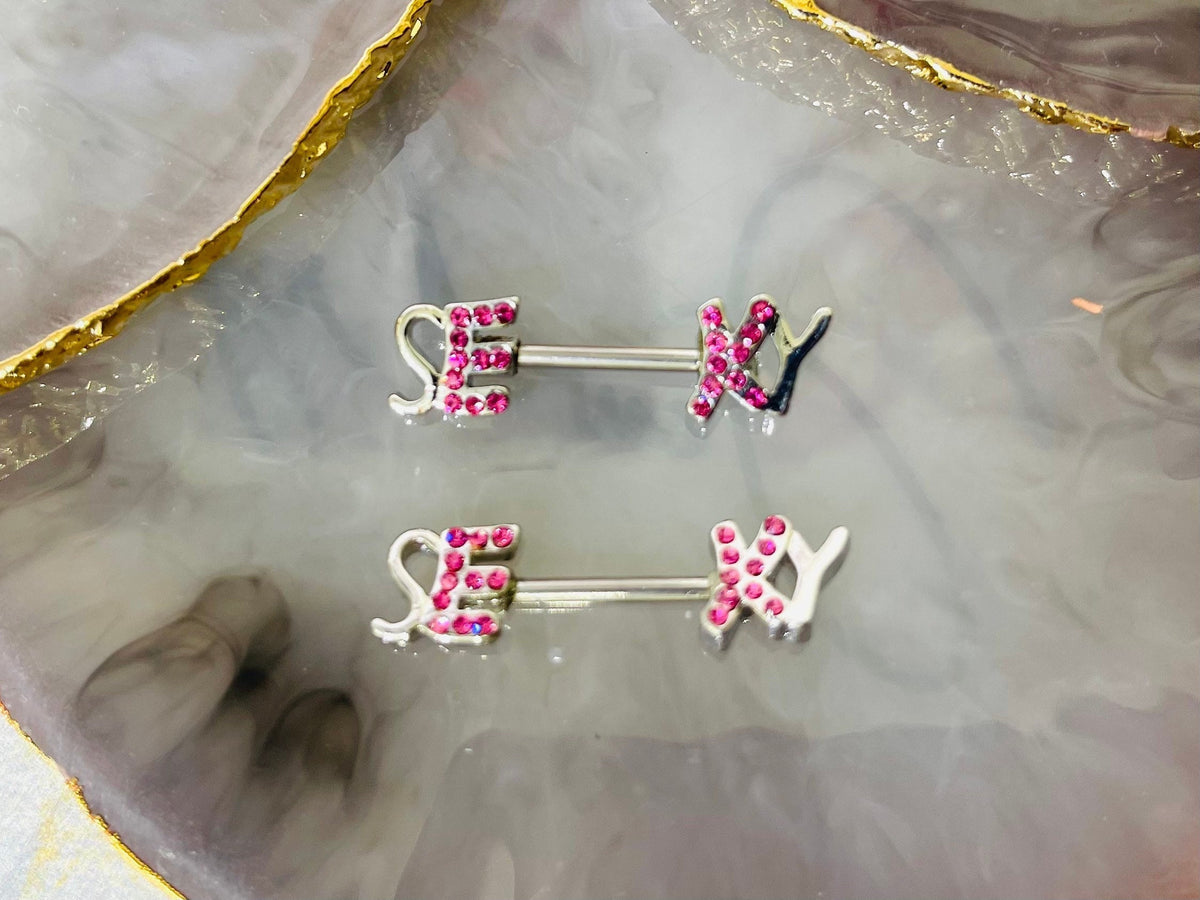 Pair of 14G SEXY with Pink Gems Nipple Barbells. Nipple Piercing. Nipple Rings. Nipple Jewelry.