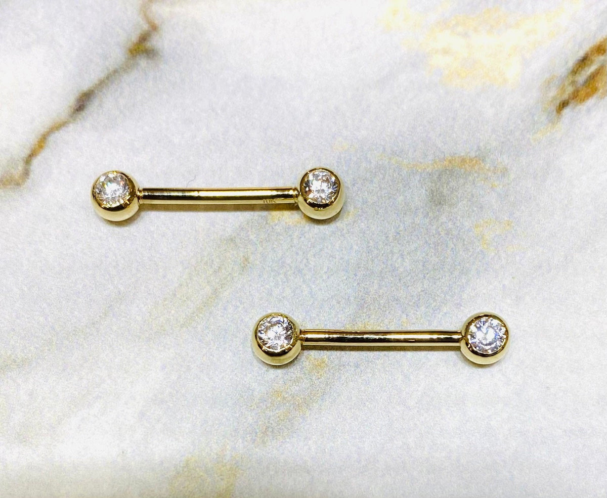 Pair of 10K Solid Gold with Clear Stones Nipple Barbells. Nipple Jewelry. Nipple Rings. Nipple Piercings.