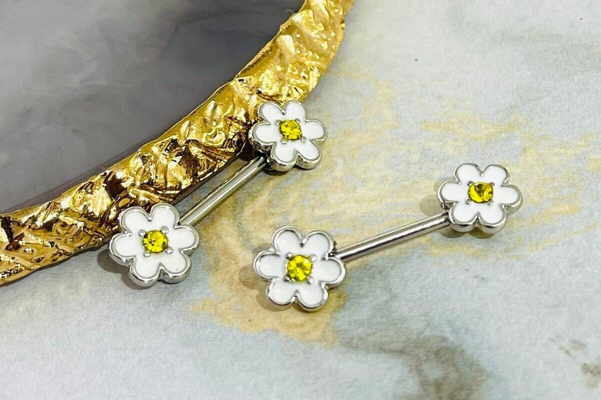 Pair of 14G White Daisy Flower with Center Stone Nipple Barbell. Nipple Piercing. Nipple Rings. Nipple Jewelry. Body Jewelry