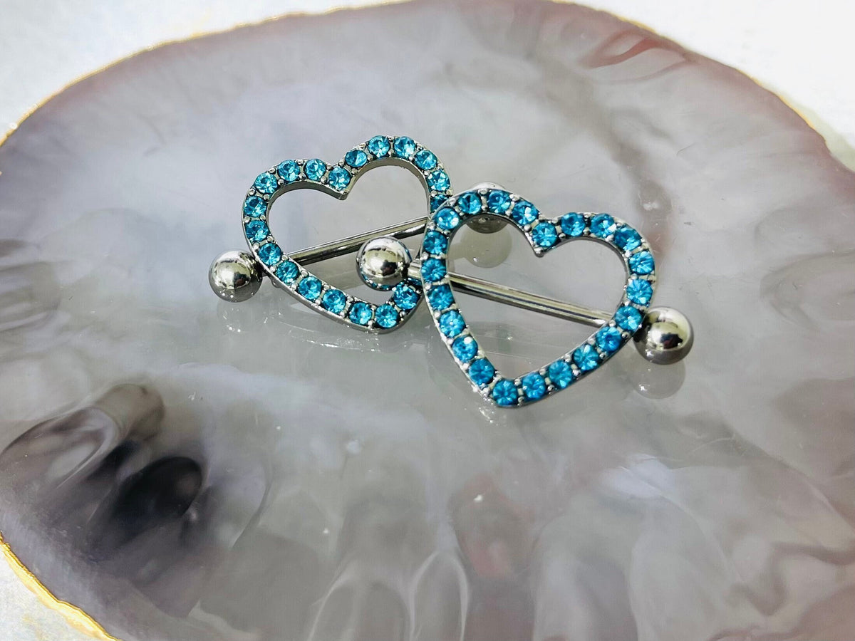 14G Silver Sparkling Heart with Paved Aqua Crystal Stones Nipple Barbells. Nipple Jewelry. Nipple Piercing.