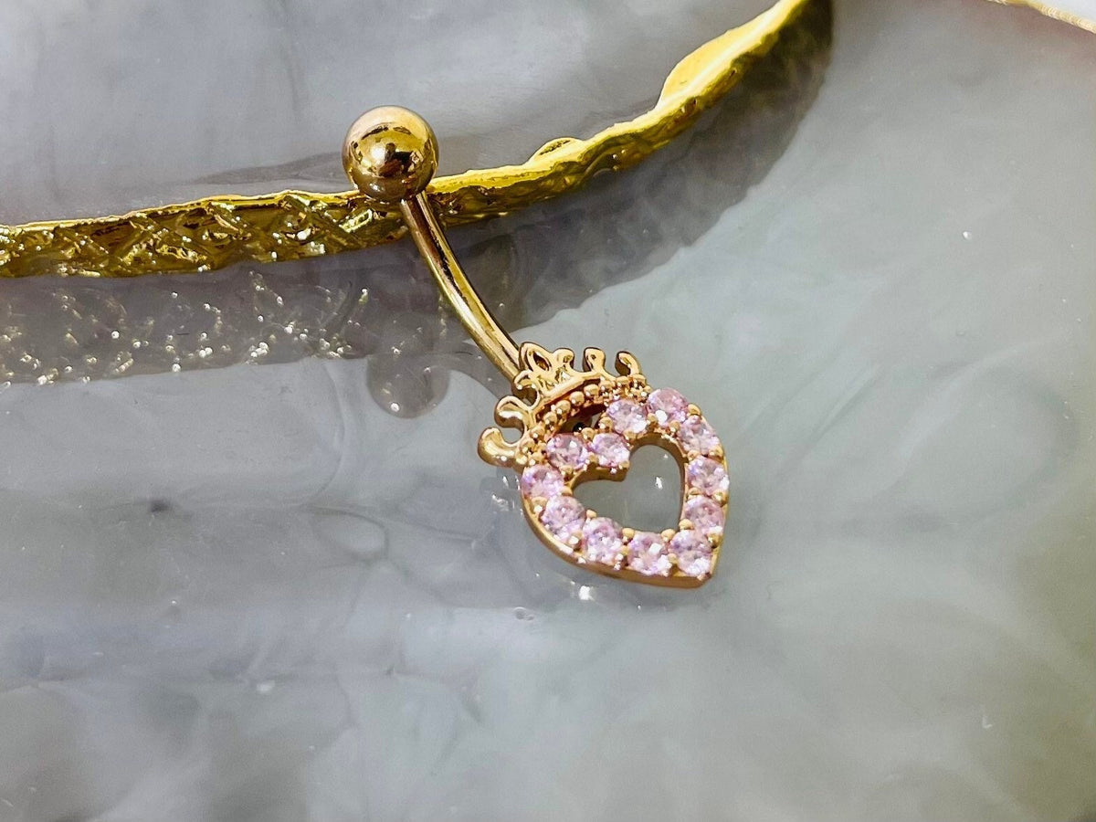 14G Pink Stone Heart & Crown Top Rose Gold Belly Button Ring. Belly Ring. Navel Piercing. Body Jewelry. Body Piercing.