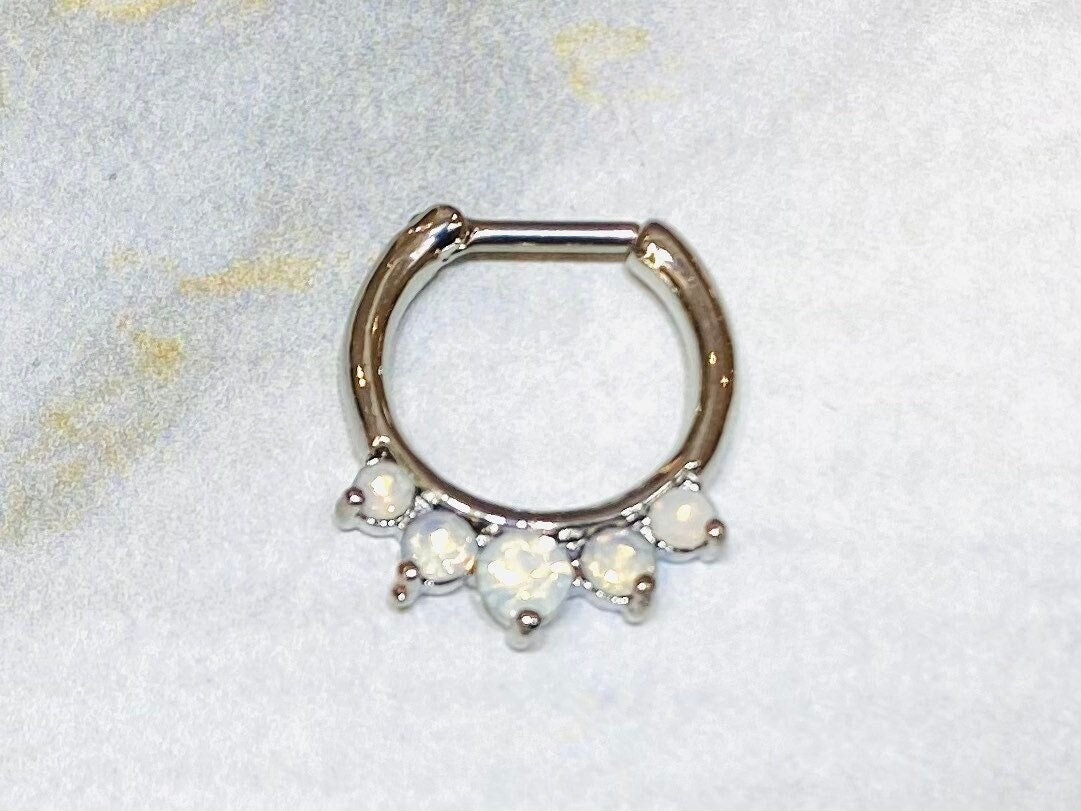 16G Clear White Opal Septum Clicker Ring. Septum Piercing. Septum Jewelry. Septum Piercing.