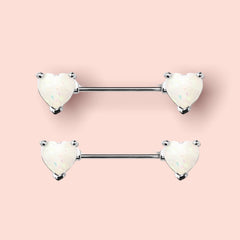 Pair of 14G White Opal Hearts Nipple Barbell. Nipple Rings. Nipple Piercing. Nipple Jewelry.