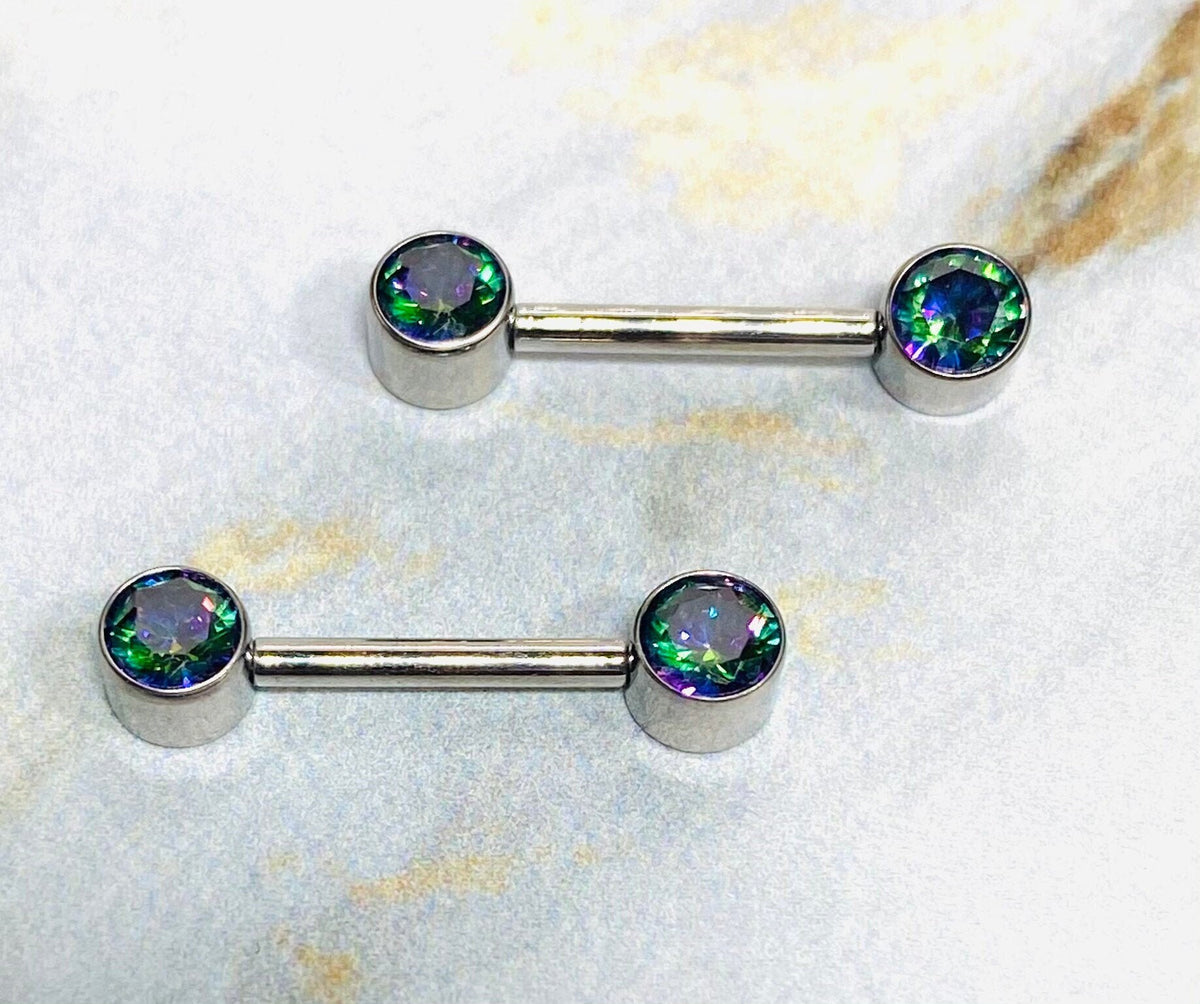 Pair of 14G Implant Grade Titanium Internally Threaded Bezel Green Stones Nipple Barbells. Nipple Piercing. Nipple Jewelry. Nipple Rings