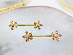 Pair of 14G Gold Sparkling Pink Flower Ends Nipple Barbell