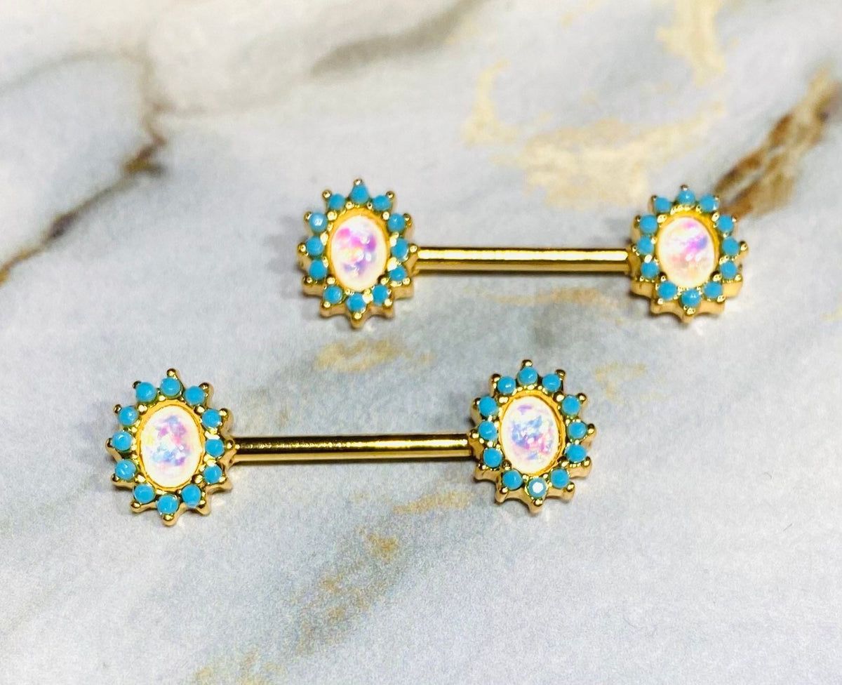 Pair of 14G Gold Elegant Opal with Turquoise Stone Nipple Barbells. Nipple Rings. Nipple Piercing. Nipple Jewelry