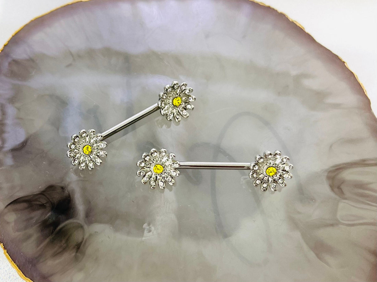 Pair of 14G Silver Daisy Flower with Clear Gems Nipple Barbell