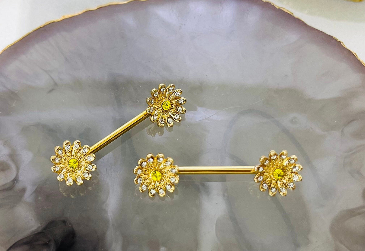 Pair of 14G Gold Daisy Flower with Clear Gems Nipple Barbell