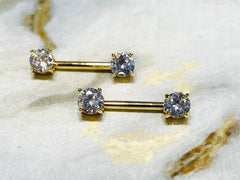 Pair of 14G Gold Prong Setting Sparkling 7mm Stone Nipple Barbells. Nipple Rings. Nipple Piercing. Nipple Jewelry