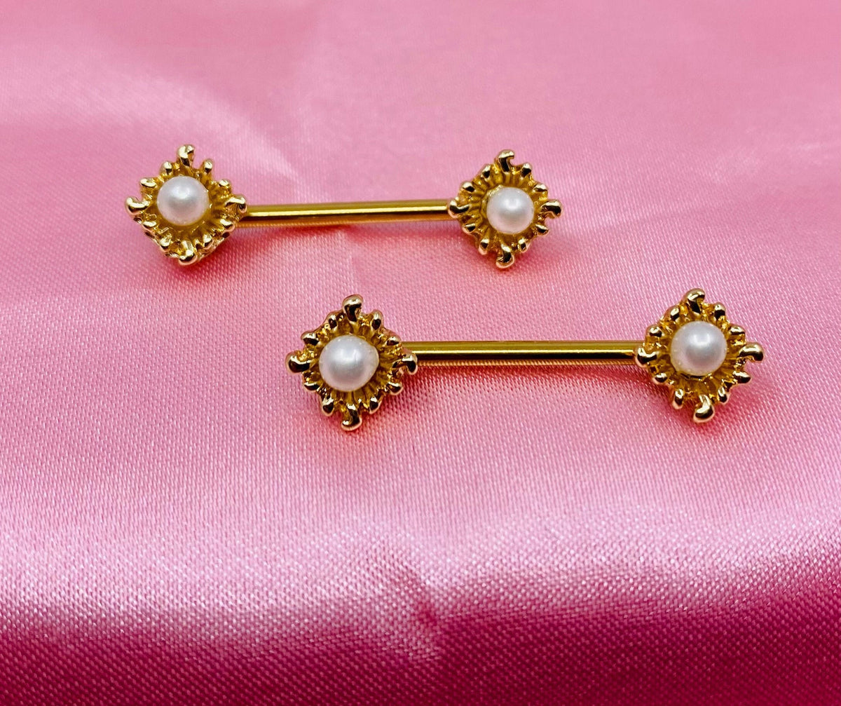 A Set of 14G Gold Sun Rays with Pearl Centered Stone Nipple Barbells. Nipple Jewelry. Nipple Piercing.