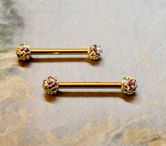 A set of Gold Multi Gem Sprinkles Nipple Barbell Ring. Nipple Piercings. Nipple Jewelry