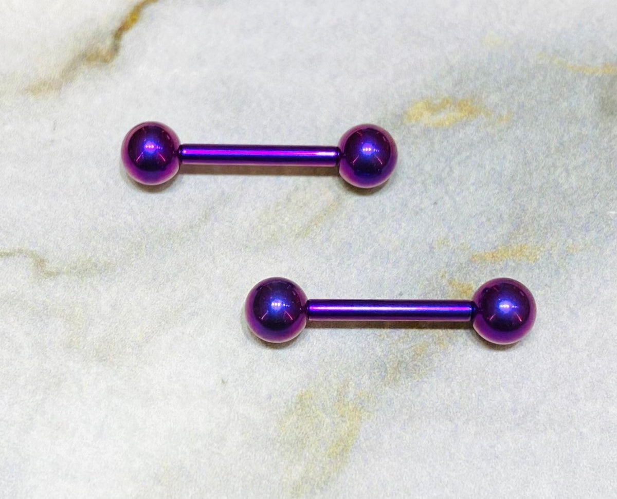 Pair of 14G Internally Threaded Implant Grade Titanium Purple 12mm & 16mm Nipple Barbells. Nipple Rings. Nipple Jewelry. Nipple Piercing.