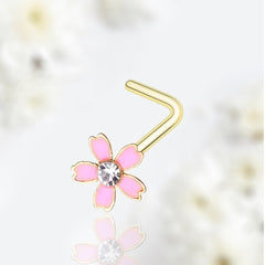 20G Gold Pink Flower Clear Gem L Shape Nose Stud