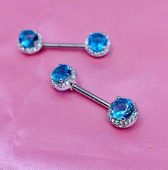 14G Blue Round Crystal Gem Paved Nipple Barbell. Nipple Piercing. Nipple Jewelry.