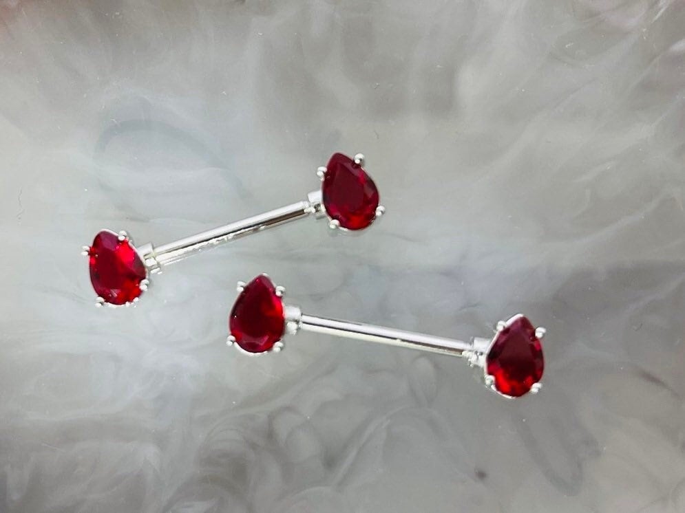 Pair of 14G Silver Teardrop Red Gems Nipple Barbells. Nipple Rings. Nipple Piercing. Nipple Jewelry. Body Jewelry