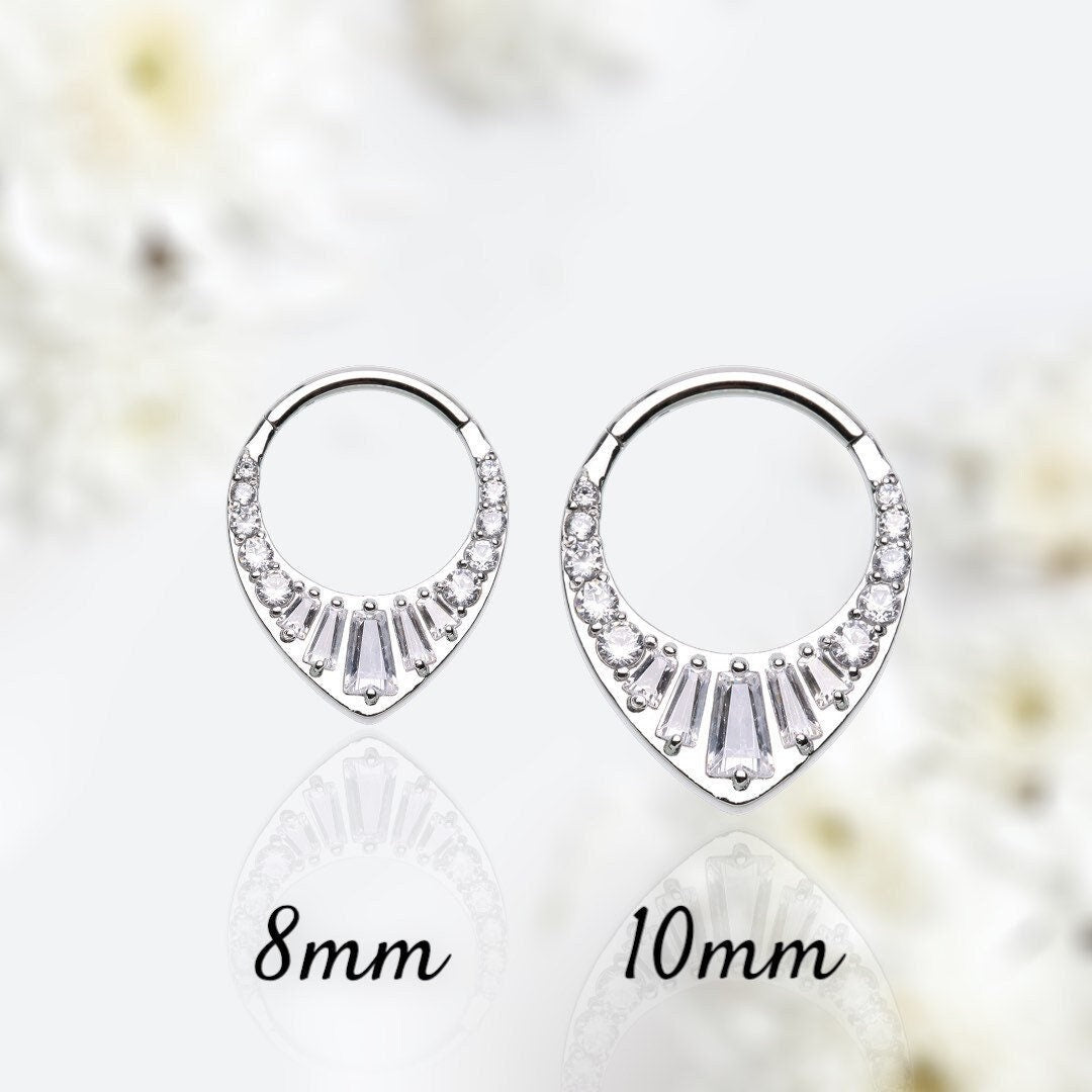 16G Silver Tiara Shaped Sparkling Stones Seamless Hinged Septum Clicker Ring