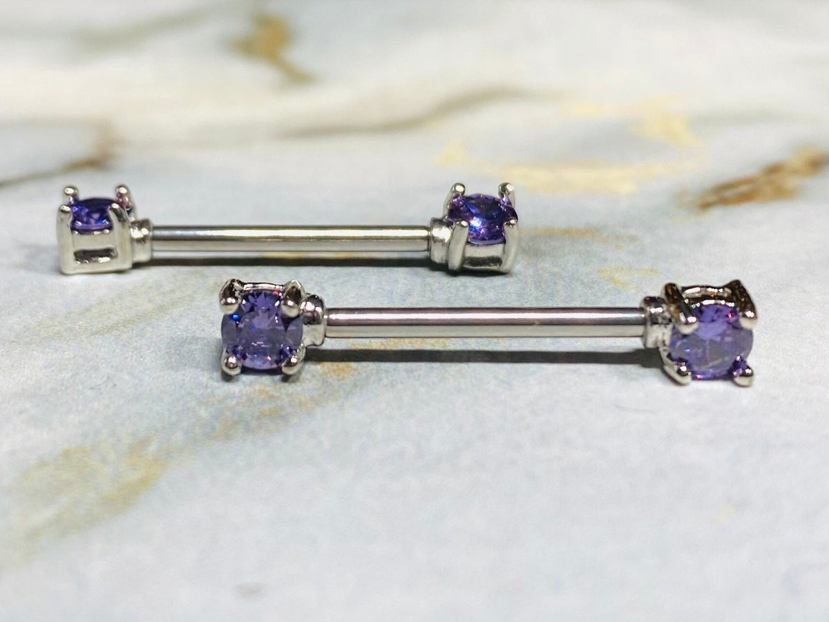 Pair of 14G Silver Tanzanite Gem Nipple Barbells. Nipple Piercings. Nipple Rings. Nipple Jewelry