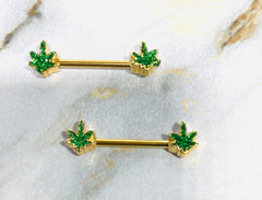 A Set of Gold Marijuana Leaf Cannabis Pot Leaf Nipple Barbell. Nipple Rings. Nipple Jewelry. Nipple Piercing