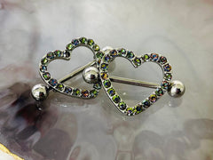 14G Silver Sparkling Heart with Paved Green Crystal Stones Nipple Barbells. Nipple Jewelry. Nipple Piercing. Body Jewelry.