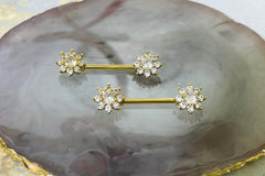 Pair of 14G Gold Sparkling Flower Gems Nipple Barbells. Nipple Piercing. Nipple Rings. Nipple Jewelry.