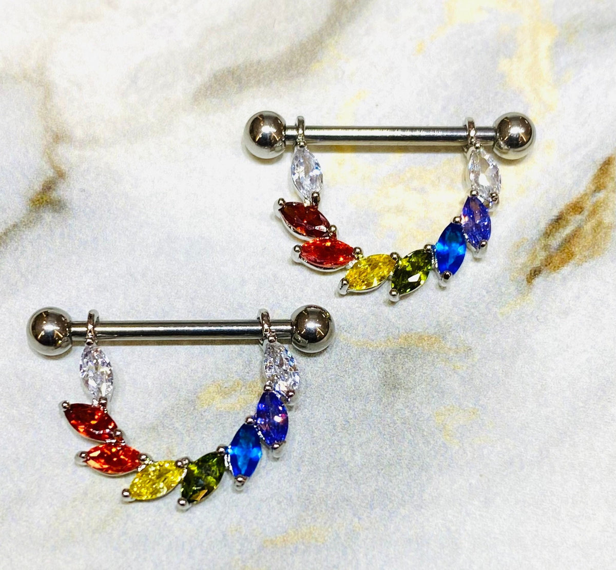 14G Silver Rainbow Sparkling Marquise Stones Vine Nipple Barbell. Nipple Piercings. Nipple Jewelry. Nipple Rings