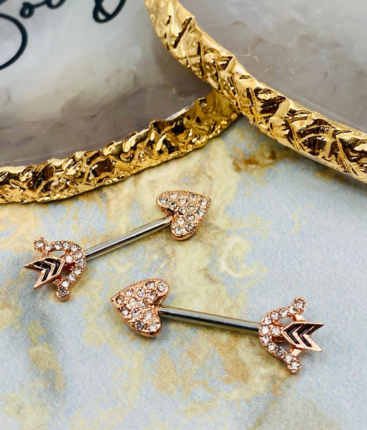 14G Rose Gold Bow and Arrow Heart with Paved CZs Nipple Barbells. Nipple jewelry. Nipple Piercing.