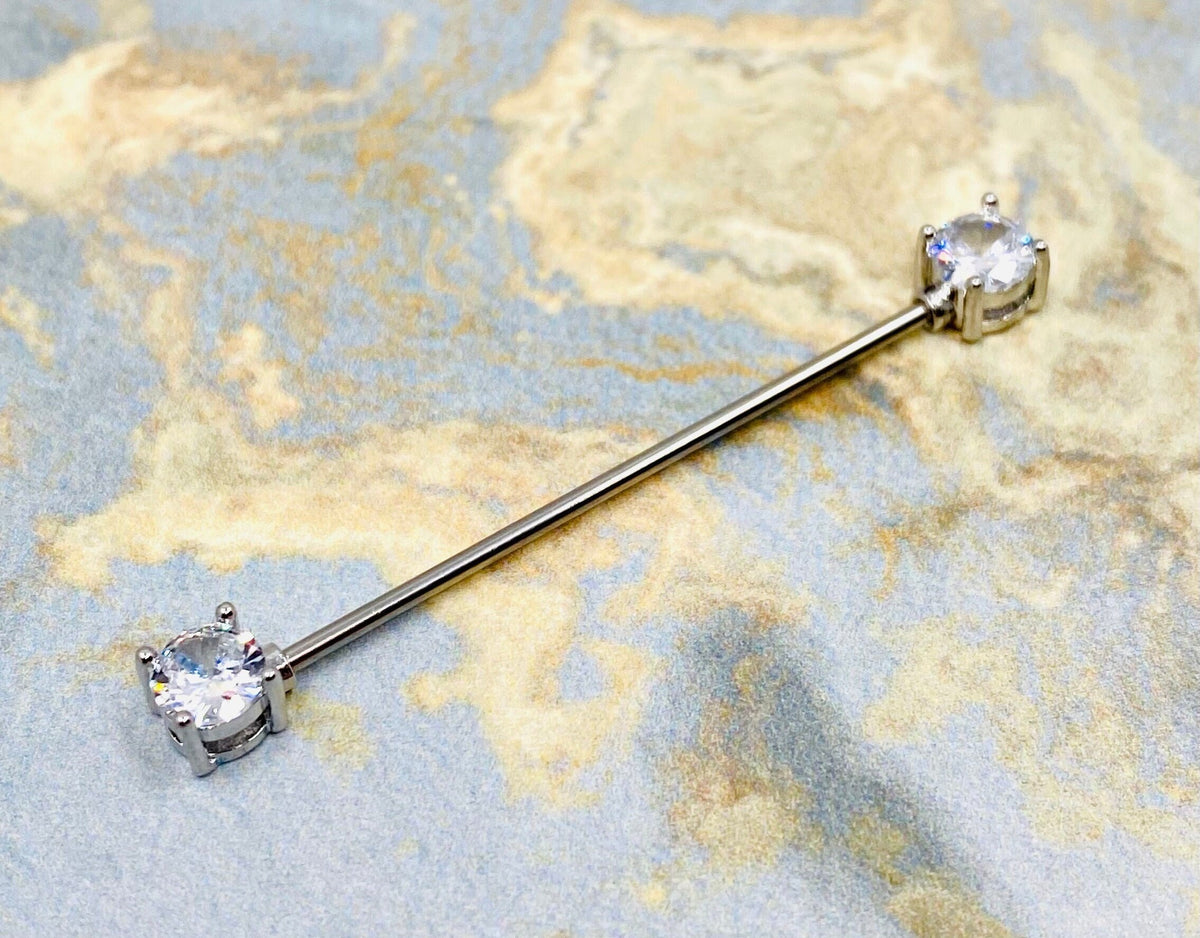 16G Silver Sparkling Round Clear Prong End 38MM Industrial Barbell. Industrial Piercing.