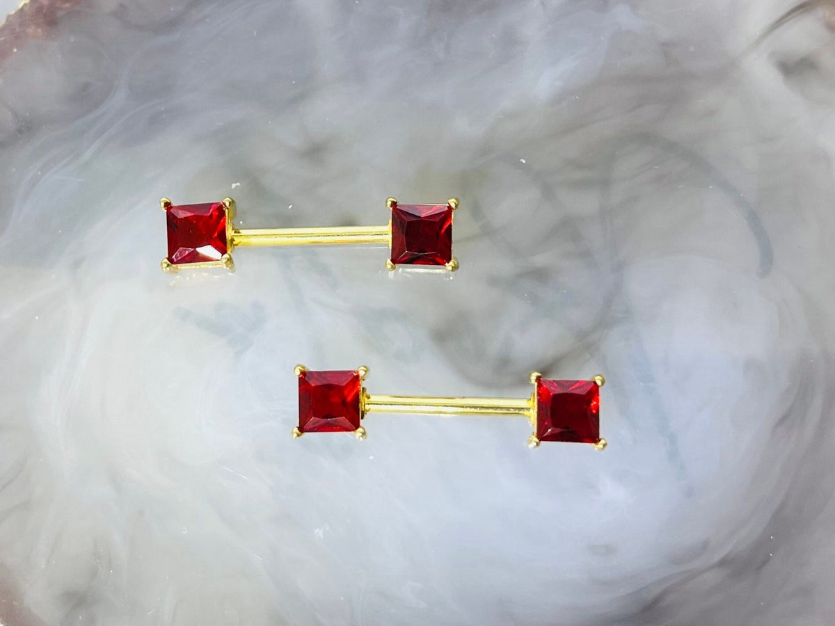 Pair of 14G Gold Sparkling Red Square Stone Nipple Barbell. Nipple Jewelry. Nipple Piercing.