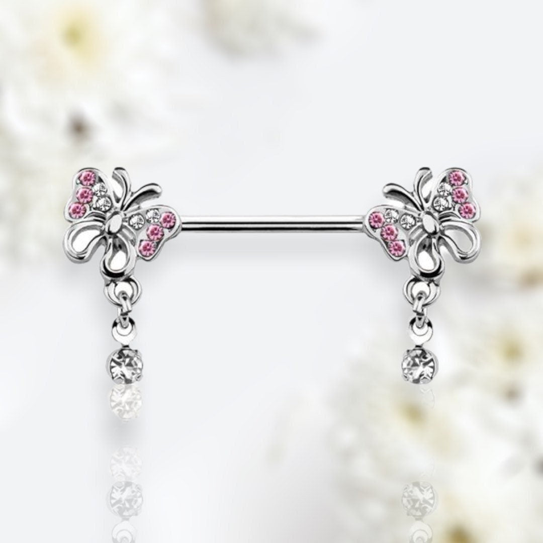 Pair of 14G Dangling Stone Pink Butterfly Nipple Barbell. Nipple Piercing. Nipple Rings. Nipple Jewelry.